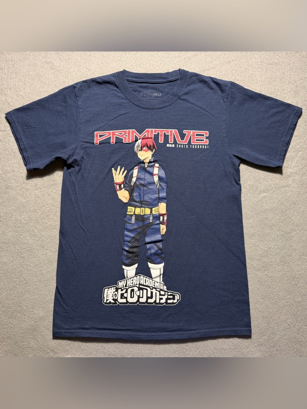 Primitive x My Hero Academia Shoto Todoroki Navy T Shirt Mens Anime Streetwear